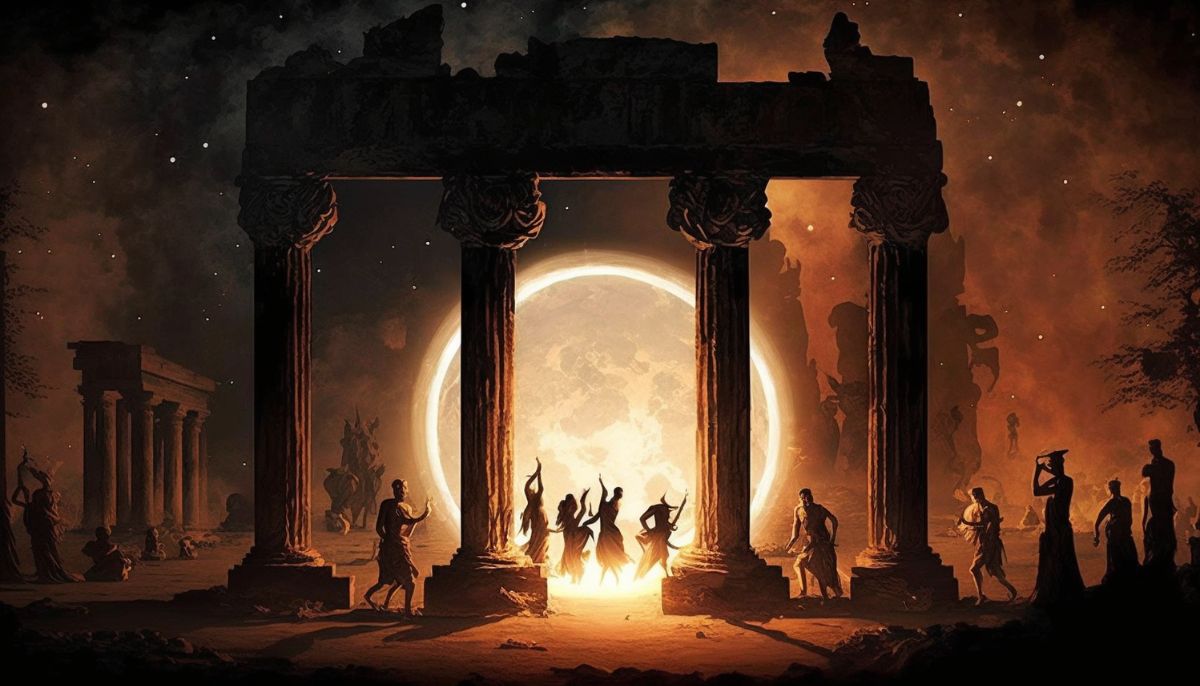 A mystery cult being worshipped in ancient greece under the moonlight
