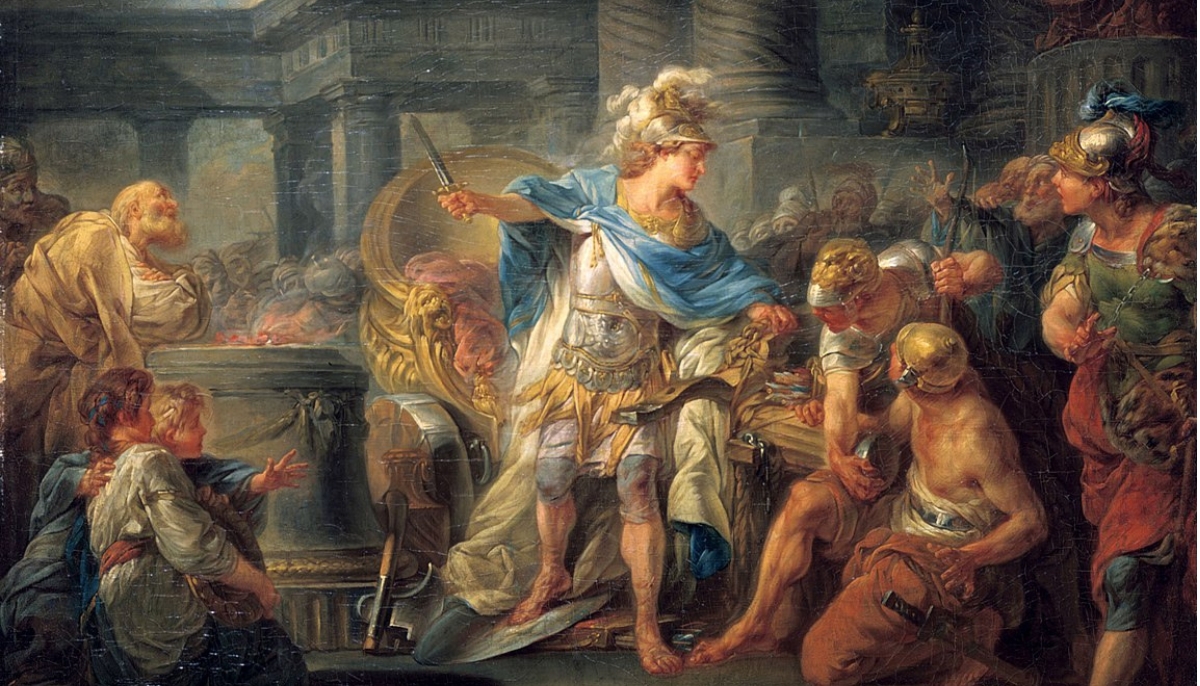 Alexander cuts the Gordian Knot, painting by Berthelemy ca. 1767