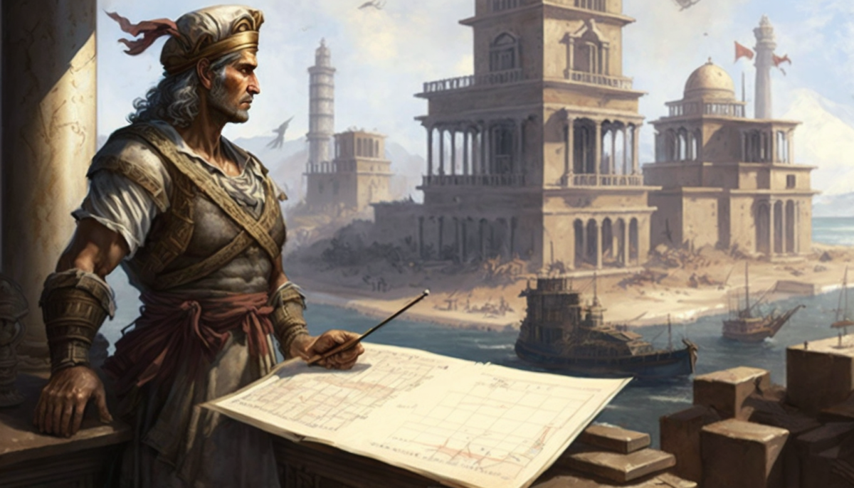 Alexander in Egypt. Artwork showing Alexander the Great watching Alexandria being constructed.