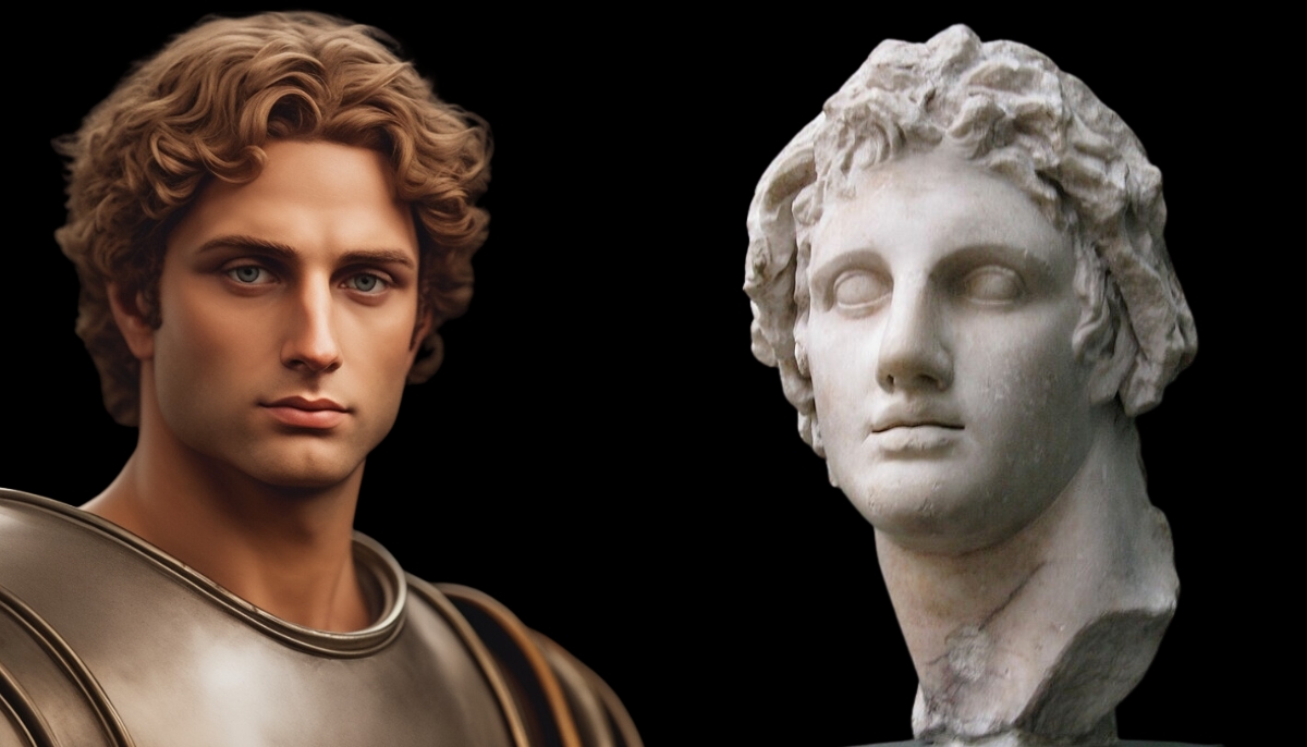 Ai generated image of Alexander the Great bas on a Roman era marble bust.