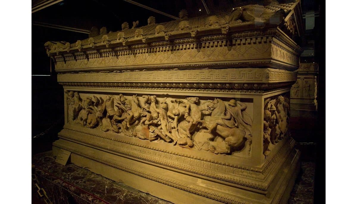 The Alexander Sarcophagus. It is ornately decorated in a Macedonian style. It is currently on display in Istanbul