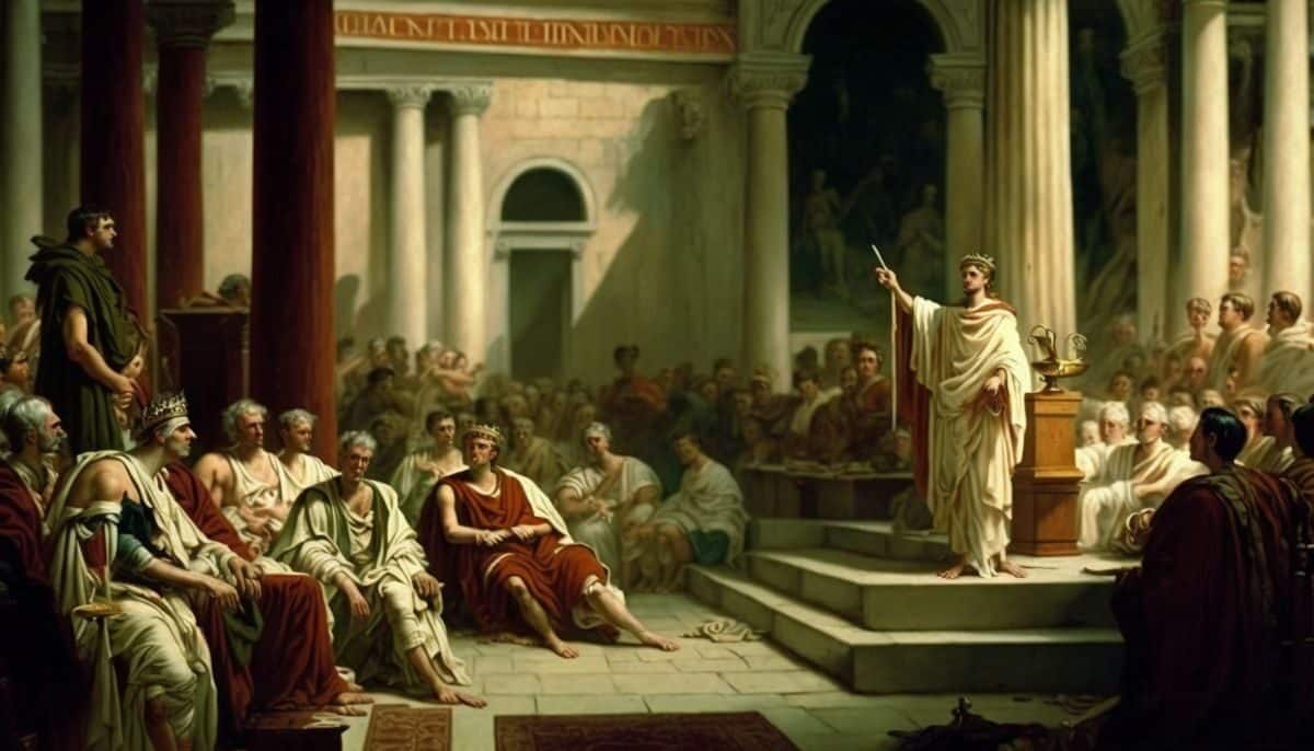 Artwork of Augustus speaking to the Roman Senate