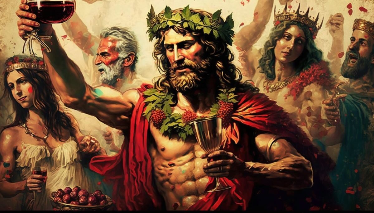 Artwork depicting Dionysus drinking wine