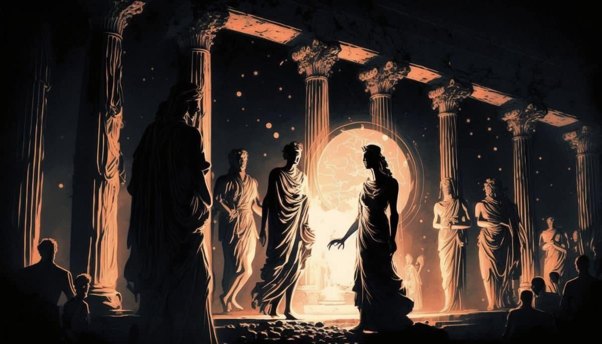 Artwork depicting the Eleusinian mysteries at night