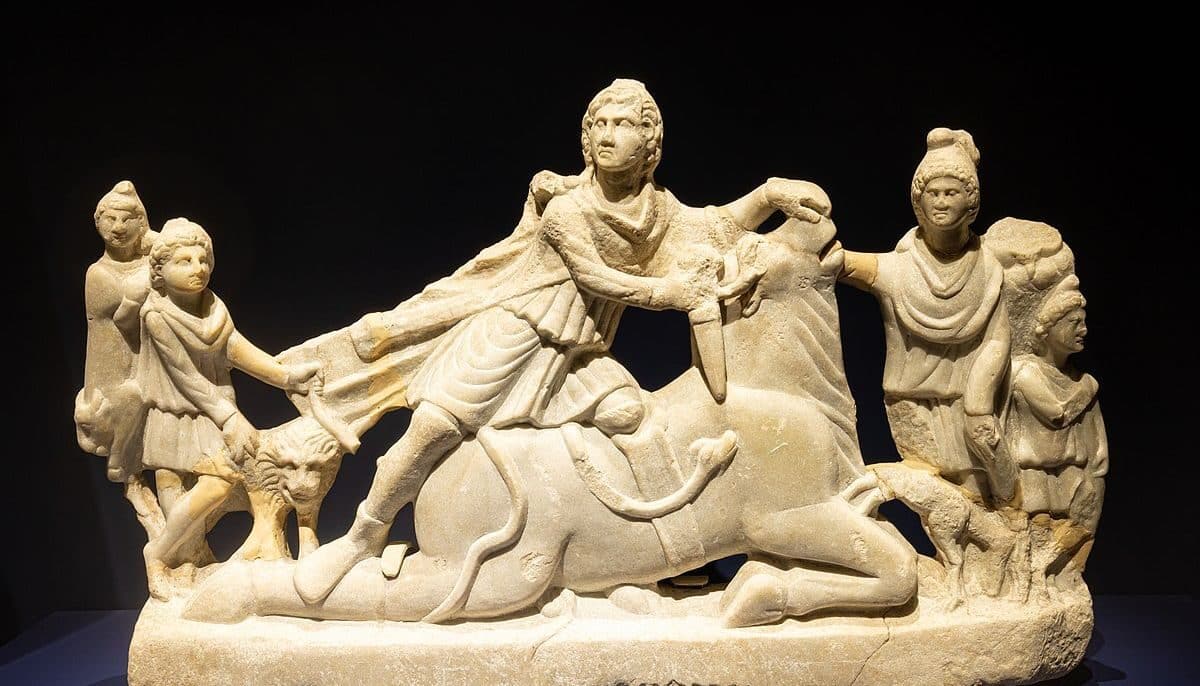 The tauroctony scene of Mithras slaying a bull. / Museum of Dacian and Roman Civilisation