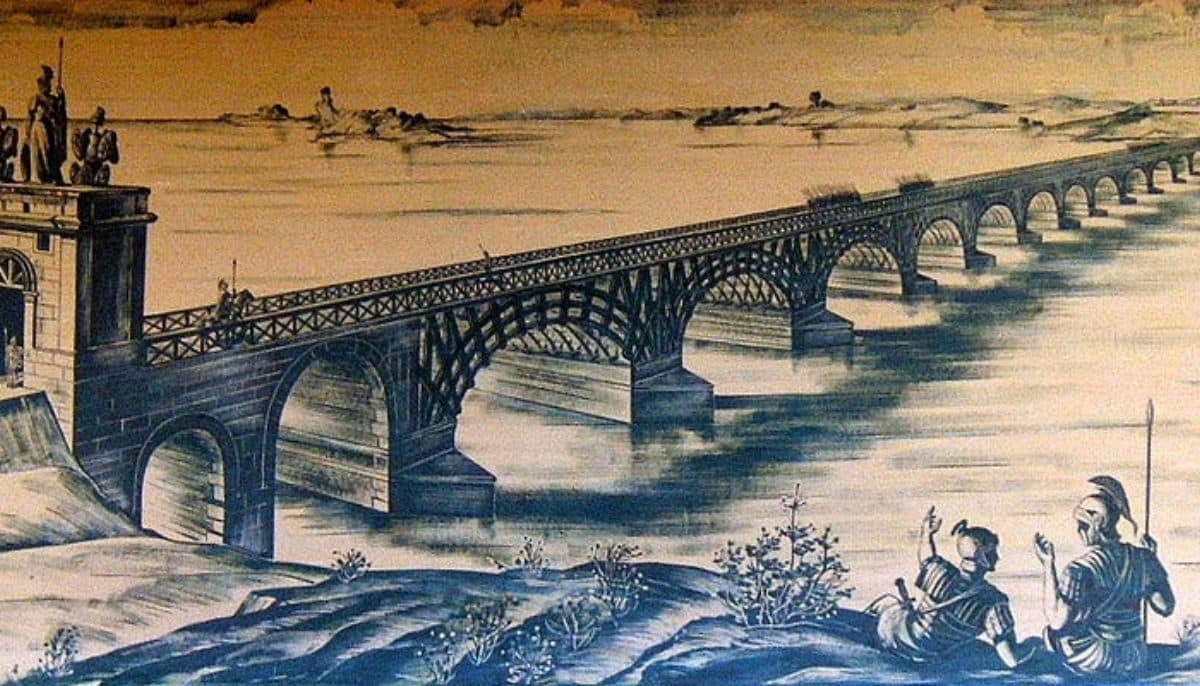 An artist's interpretation of what Trajan's bridge over the Danube may have looked like.