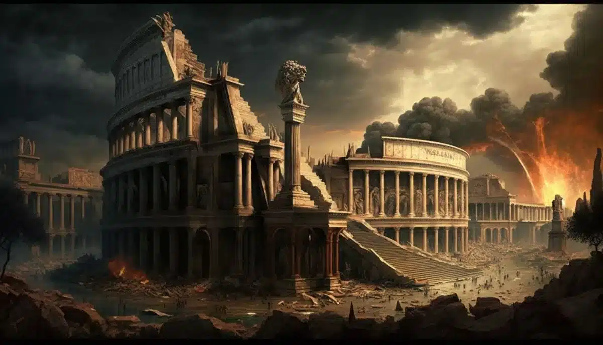 collapse of the roman empire. Colosseum on fire