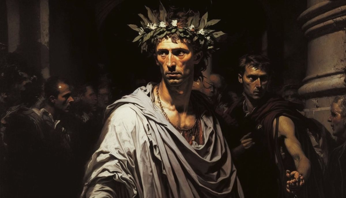 Artwork of Julius Caesar wearing a laurel wreath