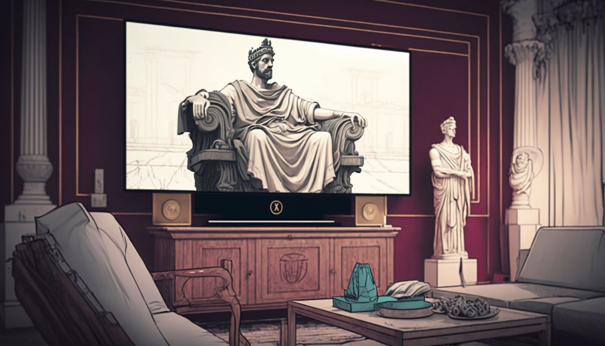 Artwork showing a Roman history documentary playing in a Roman living room