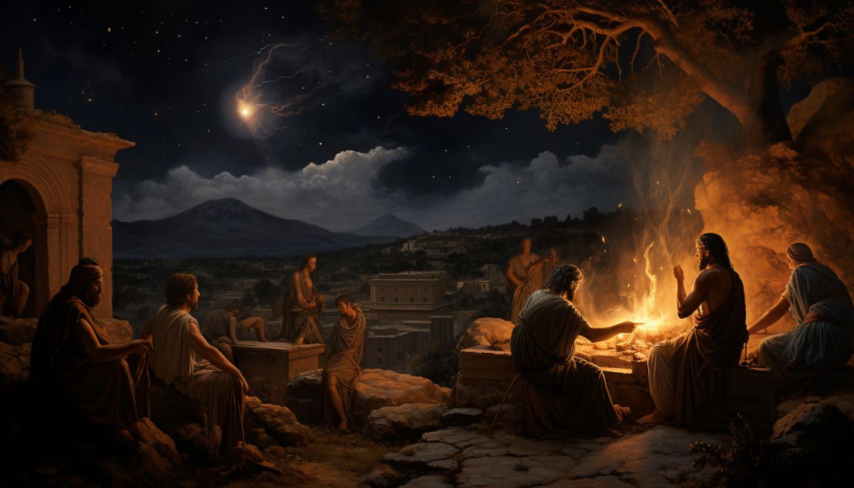 Artwork showing Ancient Greeks listening to an oral history