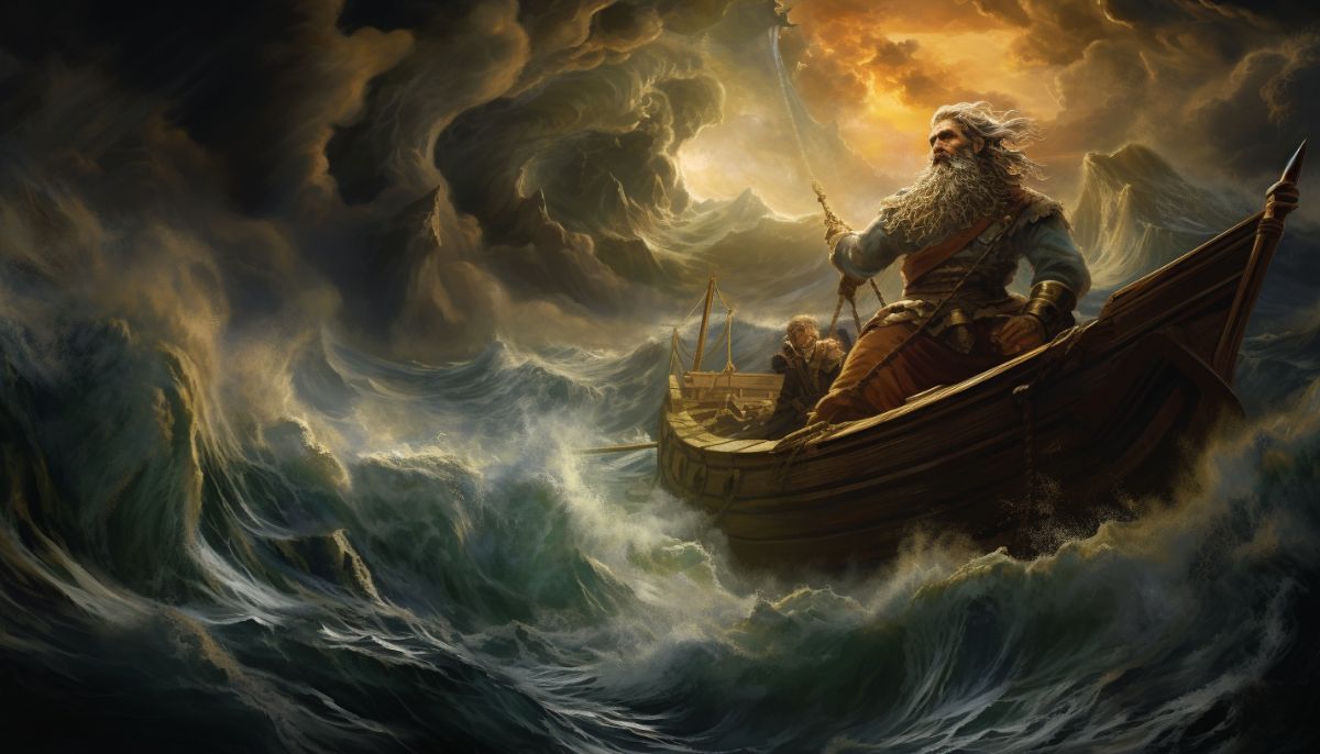 Odysseus sailing in stormy waters