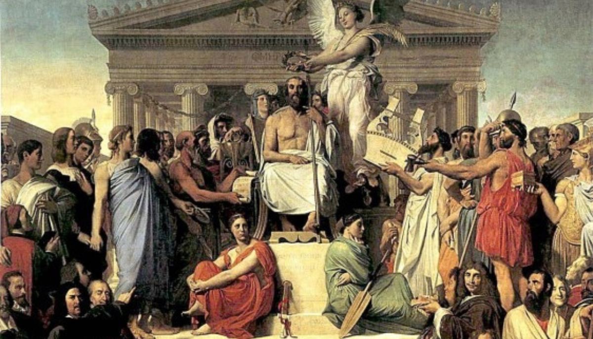 The Apotheosis of Homer by Jean-Auguste-Dominique Ingres, 1827. Artwork depicts the gods of Mt Olympus