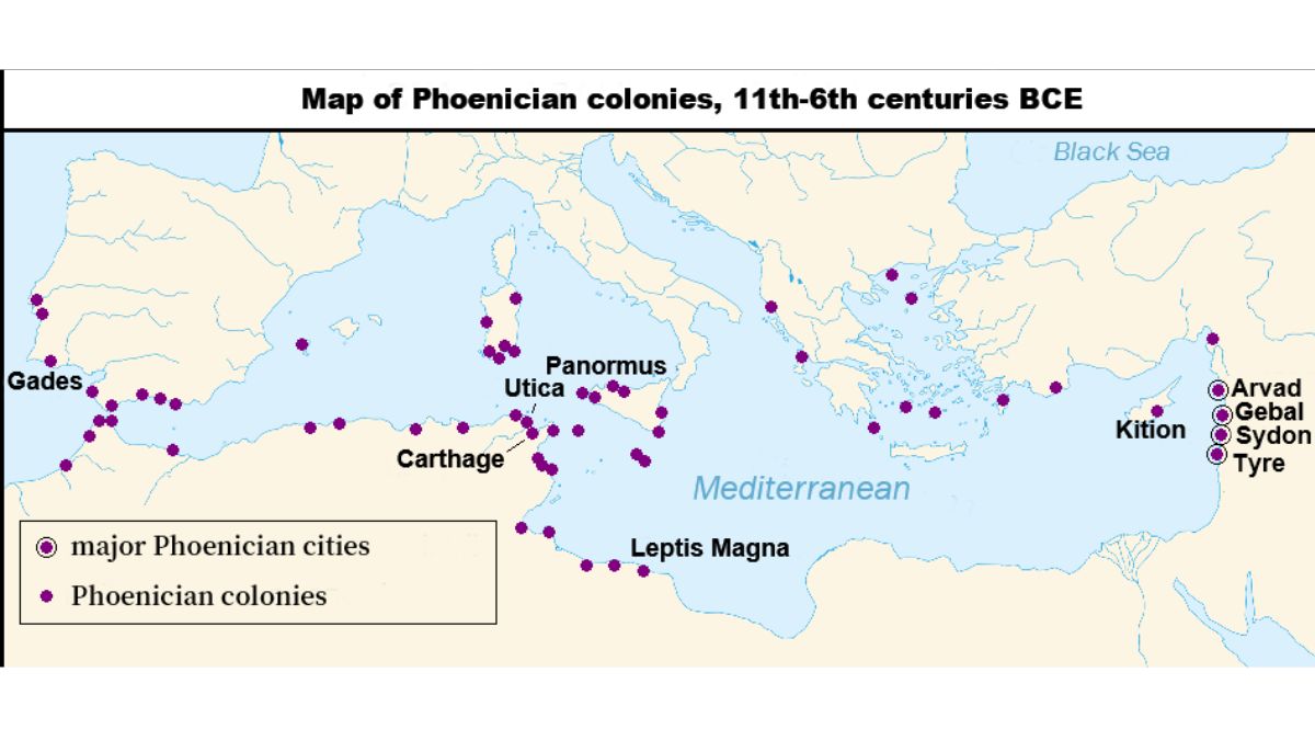 Map of Phoenician colonies, 11th-6th centuries BCE, including Leptis Magna - the birthplace of Septimius Severus