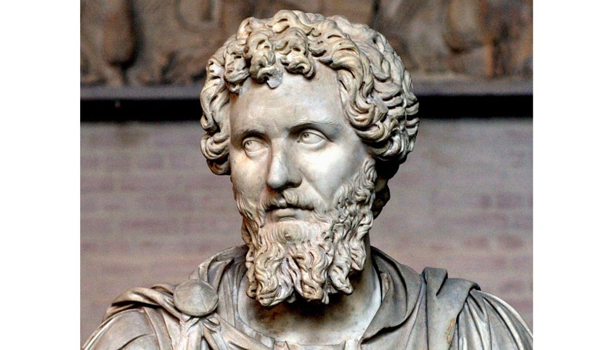 Bust of Septimius Severus (reign 193–211 CE). White, fine-grained marble, modern restorations (nose, parts of the beard, draped bust).