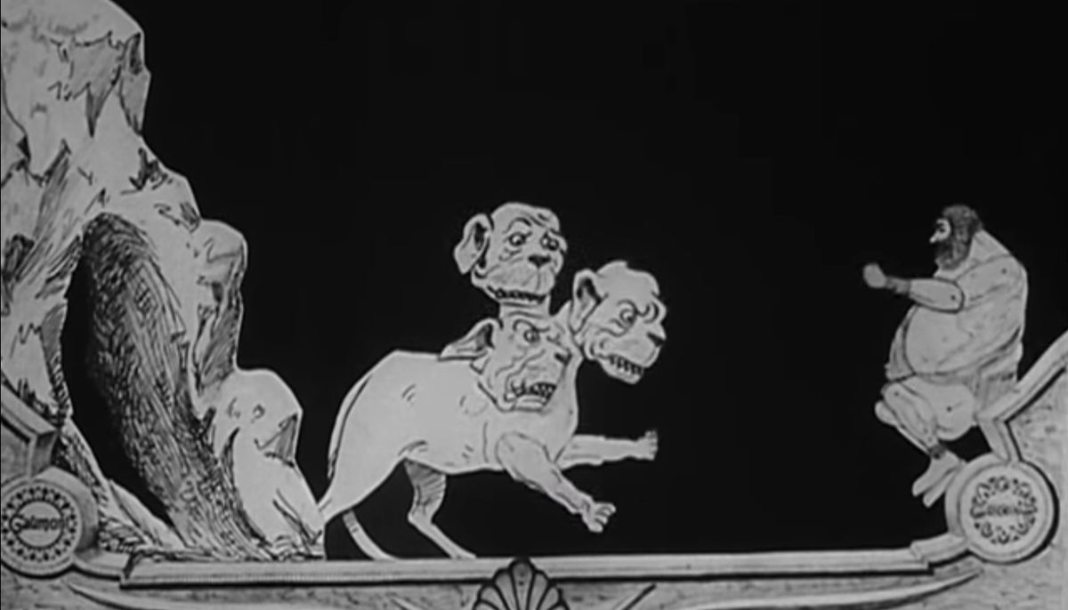Hercule et Cerbère. Photogramme du film "Les Douze Travaux d'Hercule", court-métrage d'animation réalisé par Émile Cohl en 1910.