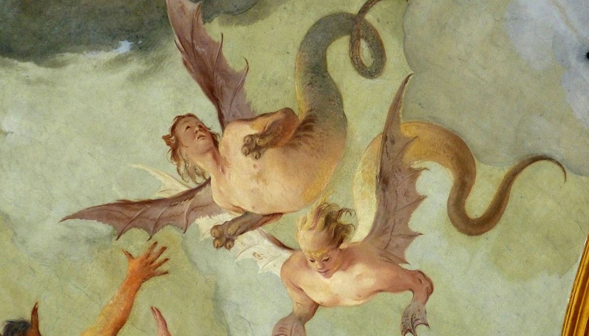 Fürstenzell ( Lower Bavaria ). Monastery church of the Assumption of Mary: Fresco ( 1744-48 ) of the Assumption of Mary by Johann Jakob Zeiller - detail: Harpies as allegories of vices and heresies.
