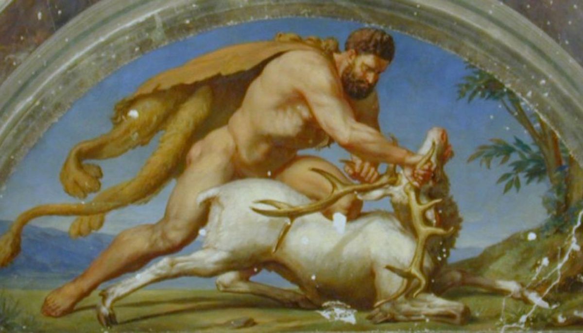 Heracles wresting with the Cerneian Hind. Berlin, Neues Museum Herkules besiegt die goldbekrönte Hirschkuh (Herkules fängt die Hirschkuh von Ceryneia) Maler: Adolf Schmidt