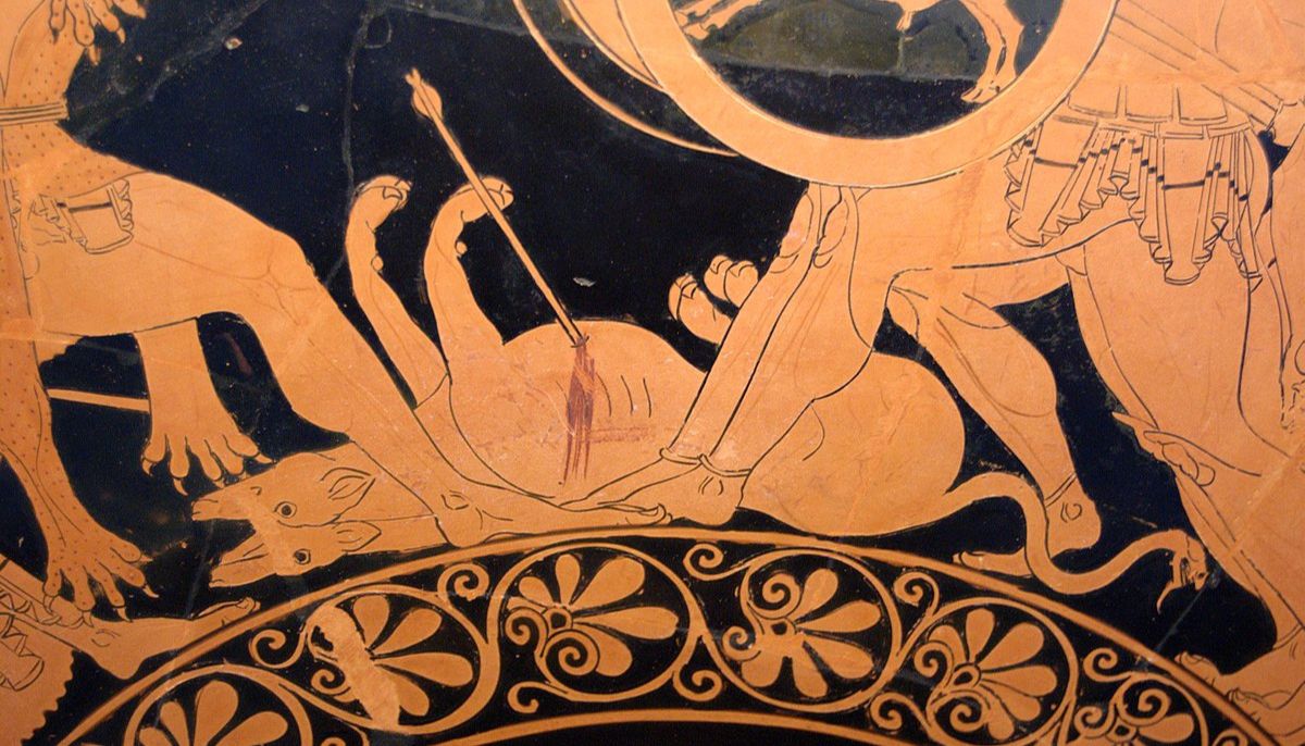 Orthrus dead at the feet of Geryon and Heracles. Side A of an Attic red-figure kylix, 510–500 BC. From Vulci.