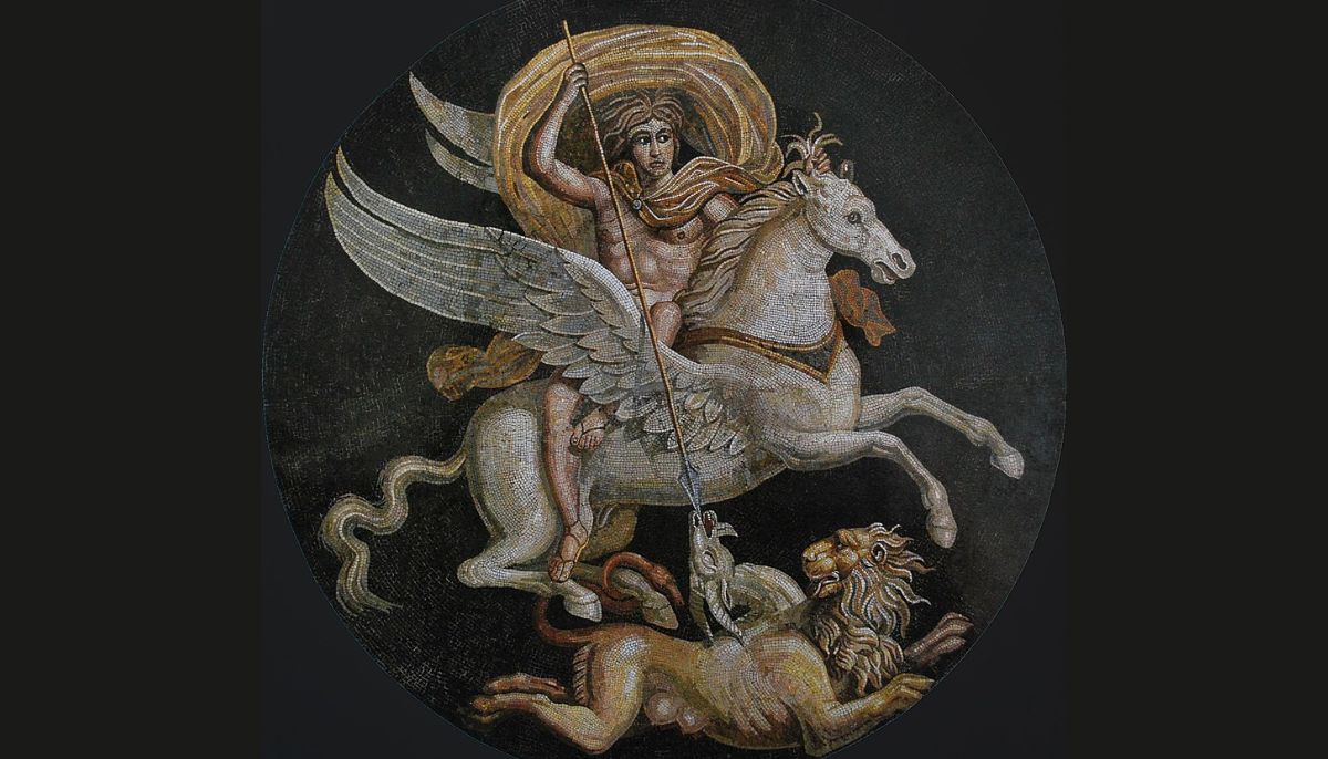Bellerophon riding Pegasus and slaying the Chimera. Central medallion of a Roman mosaic, 2nd to 3rd century CE. Musée Rolin, Autun, France
