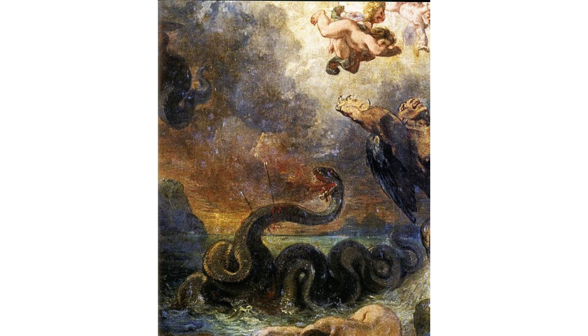 Apollo Slays Python  1850-51 Oil on mounted canvas Musée du Louvre, Paris

The subject, which Delacroix took from Ovid's Metamorphoses, is effectively the victory of Good over Evil. But it takes the form of beauty vanquishing the ugly and genius dispelling stupidity.