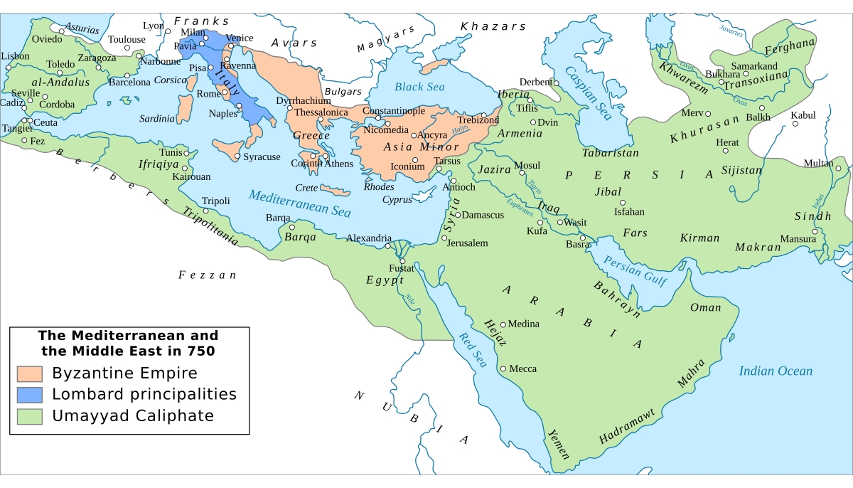 Map of the Mediterranean and Middle Eastern worlds around 740 CE. Shows the maximum extent of the Umayyad Caliphate following the unsuccessful Siege of Constantinople