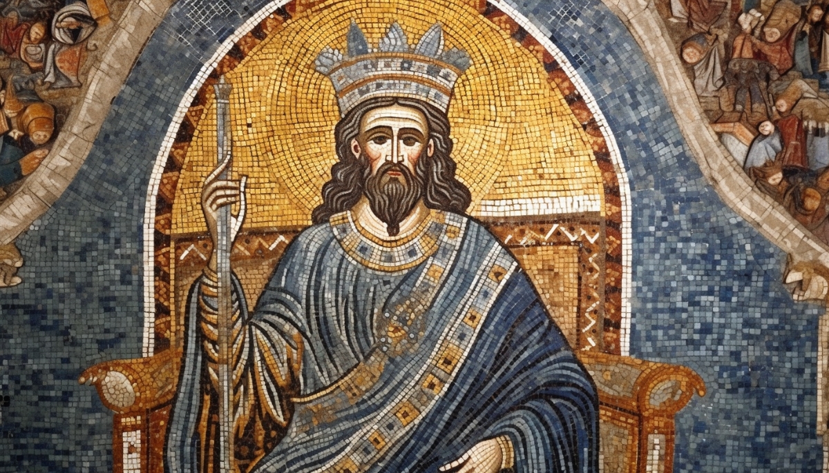 Artwork in Byzantine Mosaic style. Old long reigning Byzantine Emperor sat on a throne