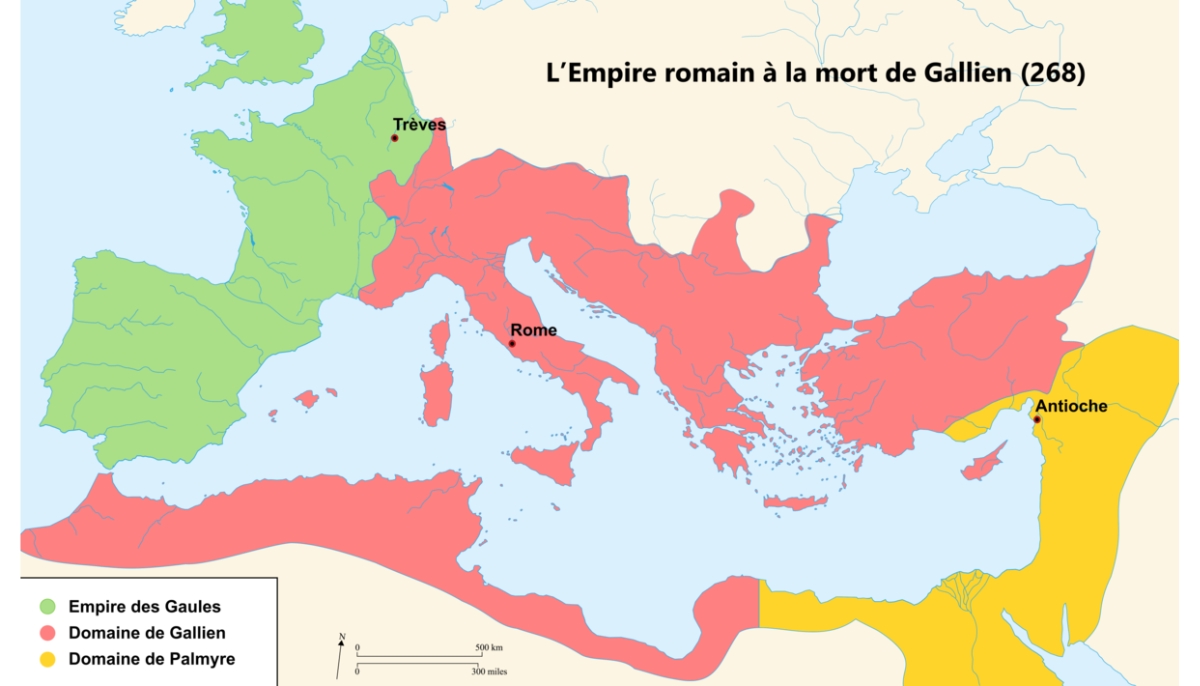 Map of the Roman Empire before Aurelian came to power. It shows the fracturing of the Empire with the Gallic Empire to the North-West and the Palmyrene Empire to the South-East.