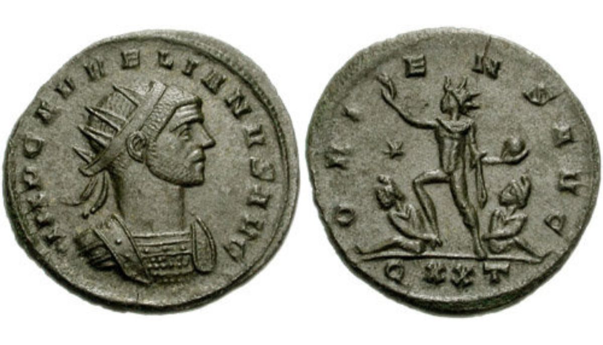 Roman coin. It has Emperor Aurelian on one side and the Sun God Sol Invictus on the other.