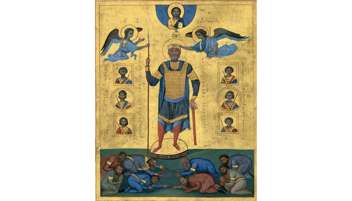 Replica of a miniature of Emperor Basil II, the longest reigning Byzantine Emperor,  in triumphal garb, exemplifying the Imperial Crown handed down by Angels. Replica of the Psalter of Basil II (Psalter of Venice),