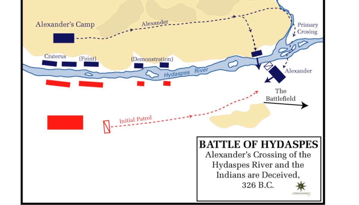 The Battle of Hydaspes, Alexander's crossing of the Hydaspes river and the Indians are deceived.