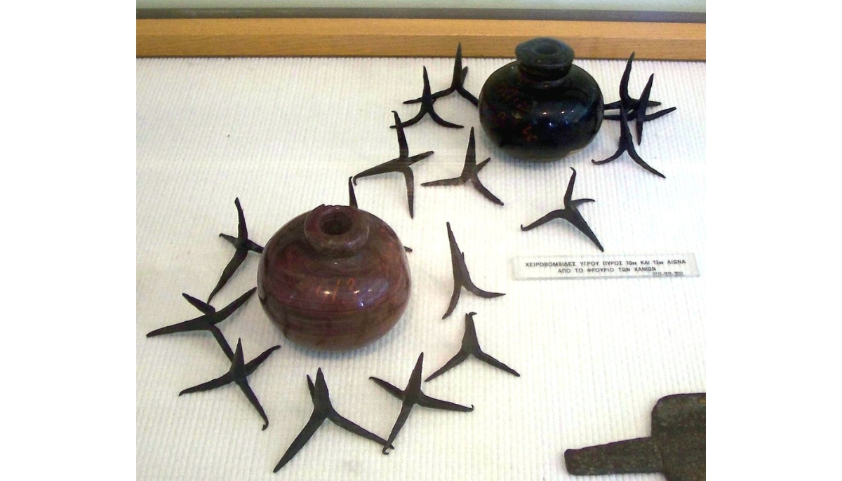 Grenades that were filled with liquid fire (Υγρό Πυρ) and caltrops from the fortress of Chania (Χανιά) 10th and 12th century. National Historical Museum, Athens, Greece.
