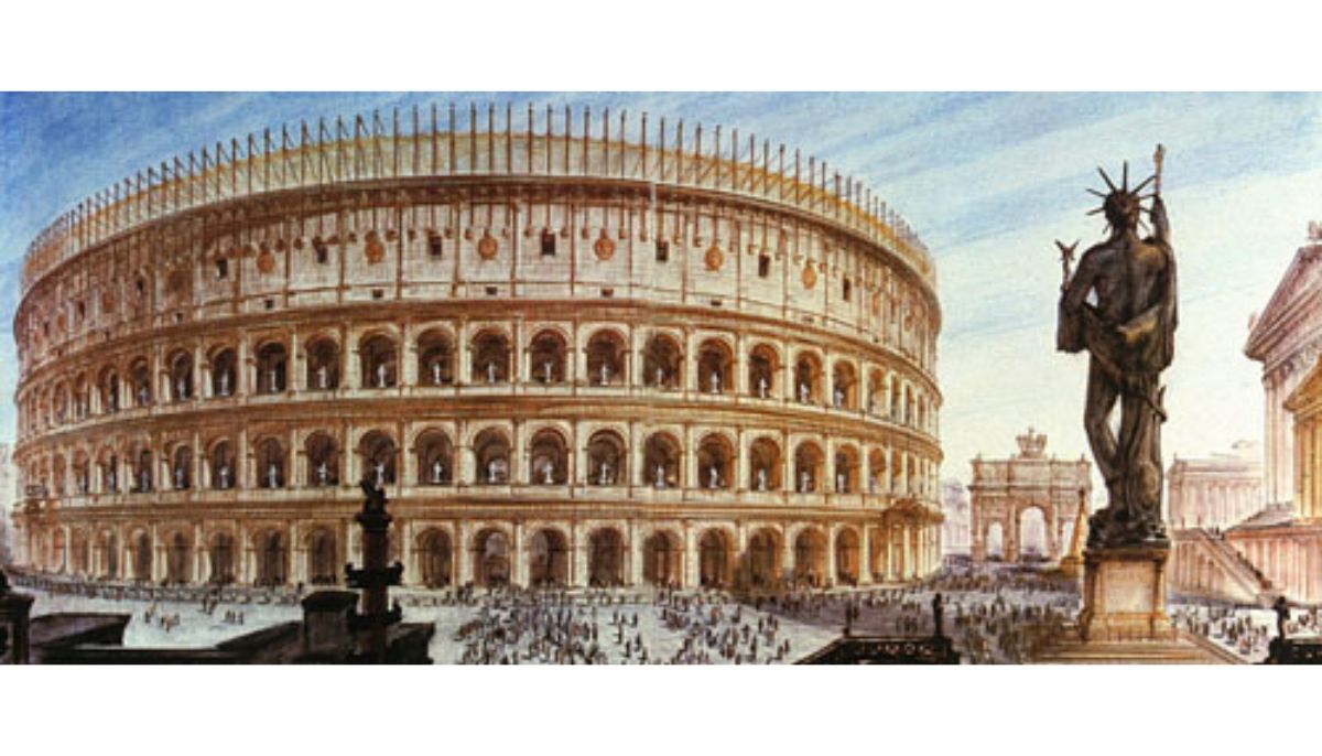Artwork showing what the Colossus of Nero and the Colosseum could have looked like