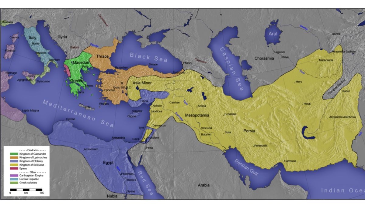 Diadochi map. The Macedonian Empire, 336-323 B.C. AND Kingdoms of the Diadochi in 301 BC and 200 BC. Historical Atlas by William R. Shepherd, 1911. Courtesy of the University of Texas Libraries, The University of Texas at Austin.