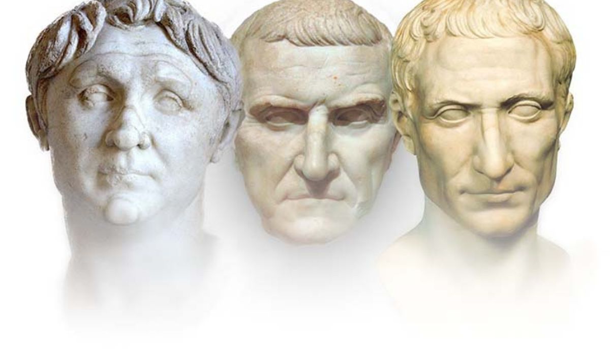 The First Triumvirate of the Roman Republic (L to R) Gnaeus Pompeius Magnus, Marcus Licinius Crassus, and Gaius Julius Caesar.