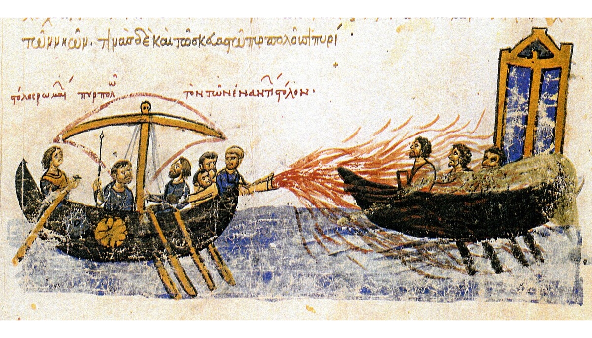 An image from an illuminated manuscript showing the Byzantine invention Greek fire used against the renegade fleet of Thomas of Sicily