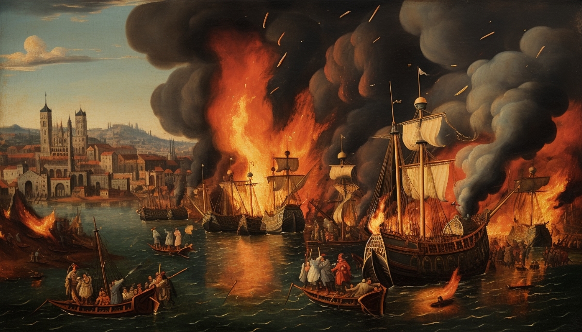 Artwork of Greek ships burning Arab Invading ships with Greek fire