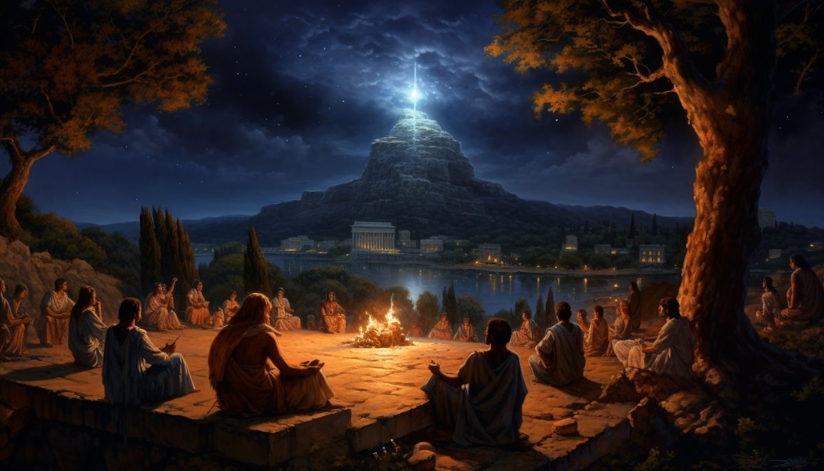Artwork of Ancient Greeks sat around a fire at night listening to stories of the Gods.