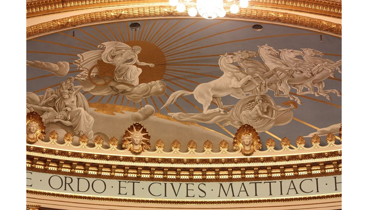 Helios riding the chariot of the sun, on a mural above the stage of the Friedrich von Thiersch Hall in the Kurhaus Wiesbaden. 