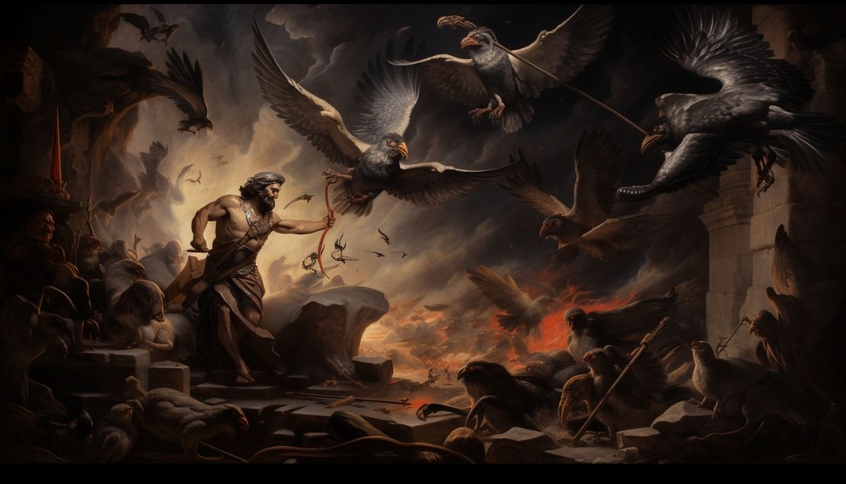 Artwork showing Hercules fighting the Stymphalian birds