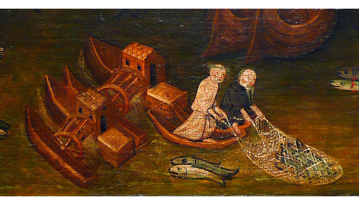 Medieval shipmills on the Rhine at Cologne. Detail of the Martyrdom of St Ursula at Cologne, around 1411. Current location: Wallraf-Richartz-Museum, Cologne, Germany