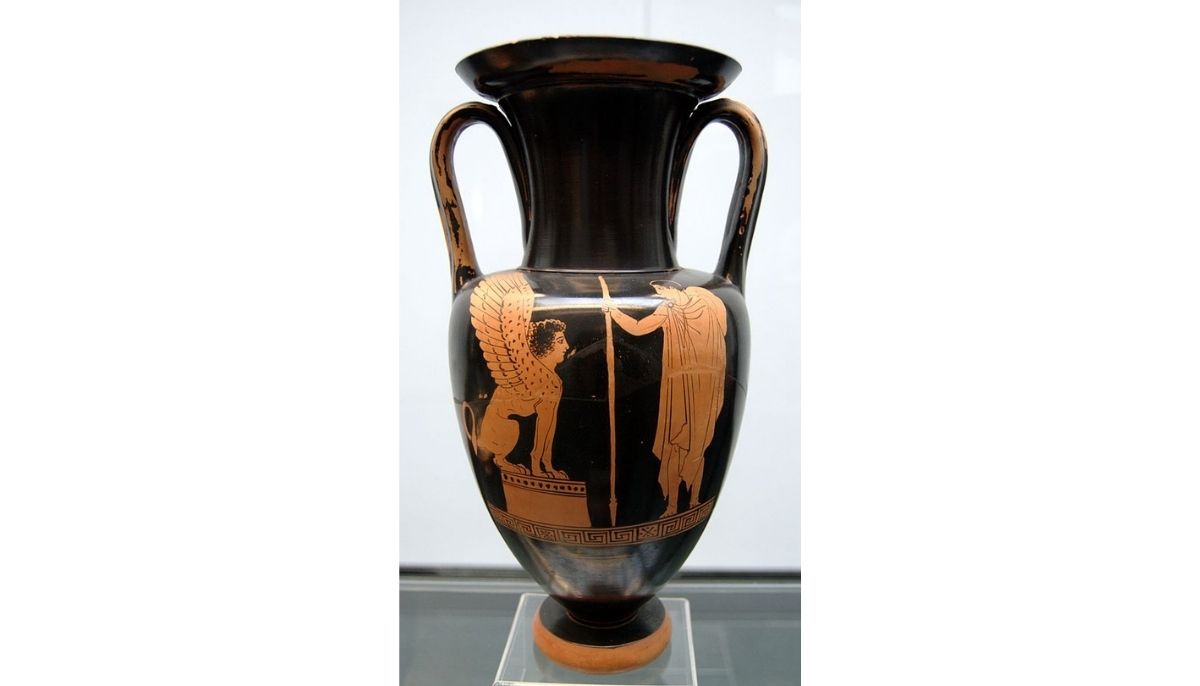 Oedipus and the Sphinx. Attic red-figure amphora, 440–430 BC. From Nola