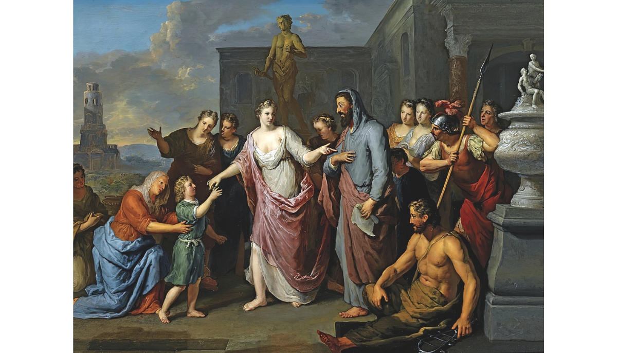 Olympias presenting the young Alexander the Great to Aristotle by Gerard Hoet before 1733