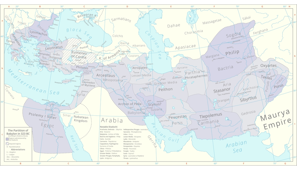A map of the Partition of Babylon in 323 BC. It shows the Hellenistic map of the Diadochi before the first Diadochi war.