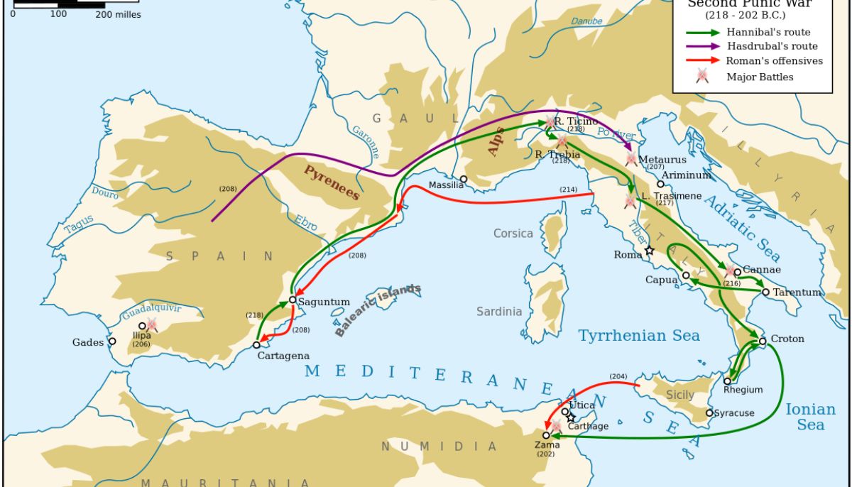The Second Punic War (218 - 202 BC): Rome took advantage of a mercenary revolt to obtain Corsica and Sardinia from Carthage. General Hamilcar Barca for his part occupied part of the Iberian Peninsula to establish his bases in Cartagena (Novo Carthago). When his son Hannibal Barca attacked Saguntum (Saguntum), an ally of Rome, in 218 the war resumed. Hannibal crossed the Pyrenees, then the Alps with an army of 50,000 men and several dozen combat elephants. The losses were heavy, but when the Carthaginian army arrived on the Po plain, it received support from the Gauls. Victorious on Ticino (Ticinus) and Trebia (Trebia), Hannibal crushed the Roman army at Lake Trasimene (Traesinum) in 217. Rome was only saved thanks to the skill of the dictator Fabius Maximus Verrucosus Cunctator who avoided engage in the decisive battle in the open countryside and is content to harass the Carthaginian troops. In 216, the army of consuls Caius Terentius Varro and Lucius Aemilius Paullus was destroyed near Cannae (Canoe). But Hannibal, who lacks men and materials, cannot exploit this success and reaches southern Italy, without succeeding in raising the people against Rome. Only the Greeks of southern Italy and Sicily gave him their support. Rome then goes on the counter-offensive. The Scipio brothers attacked Spain and the relief army commanded by Hasdrubal Barca (Hannibal's brother) was defeated in 207 on the banks of the Metaurus. Elected consul in 205, the young Scipio Africanus arrives in North Africa where Hannibal is recalled. The decisive battle took place at Zama in 202. The rallying of the Numidian horsemen from Massinissa to the Romans allowed Scipio to crush the Carthaginian army. Peace was signed in 201, removing its fleet and its empire from Carthage.