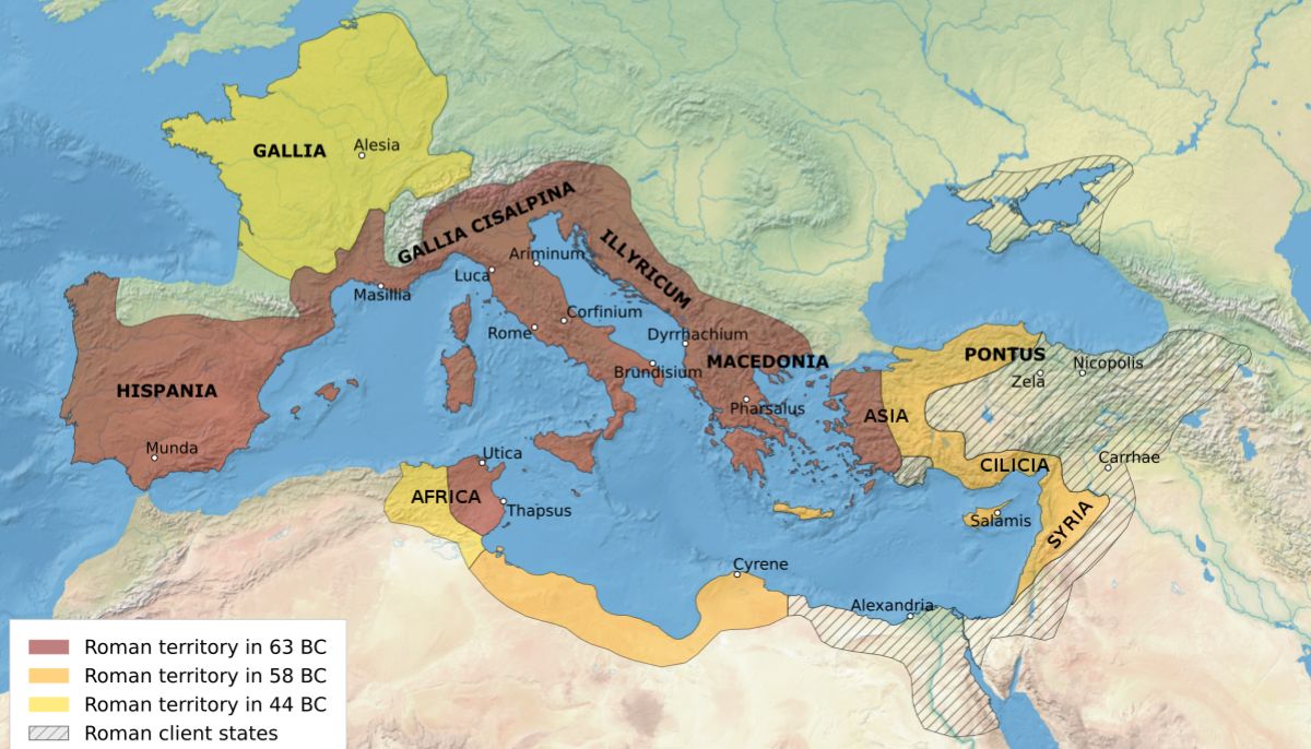 Map of the Roman Republic's empire and vassal states, 1st century BC. 