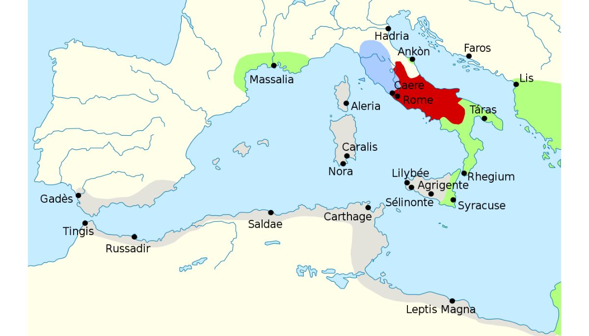 Map of the Roman Republic in 279 BC. It shows Rome as a small regional power on the Italian peninsula.