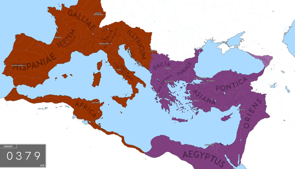 Roman Empire at the beginning of the reign of Theodosius I. The East is in Purple, the West is in red.