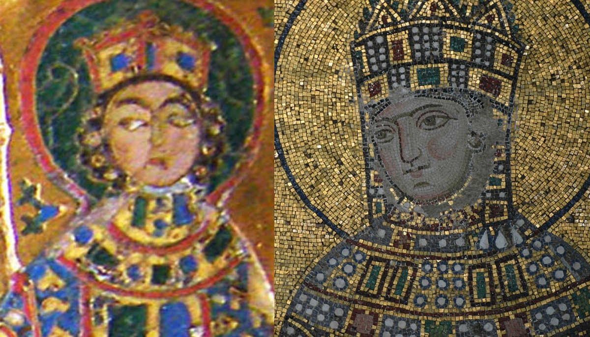 Theodora and Zoe. The sisters were the shortest reigning Byzantine Emperors. Hagia Sophia Empress Zoe mosaic and Detail of Theodora Porphyrogenita in the Monomachus Crown.
