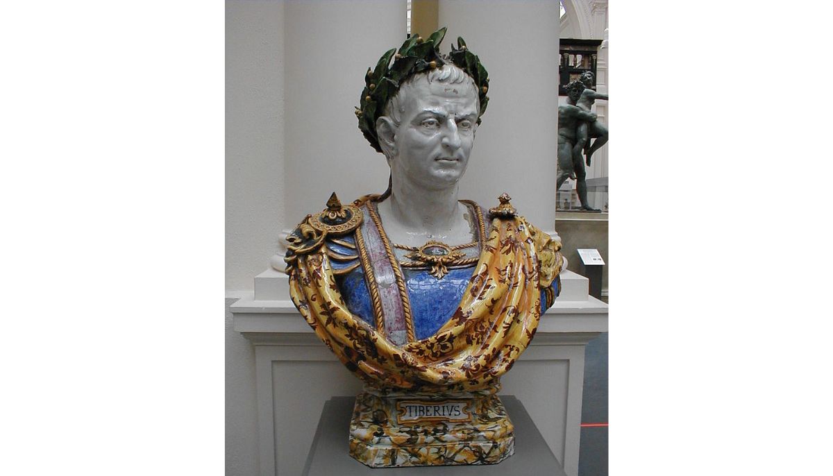 Tiberius enamelled terracotta bust at the Victoria and Albert Museum. It is probably by Angelo Minghetti and made after 1849.