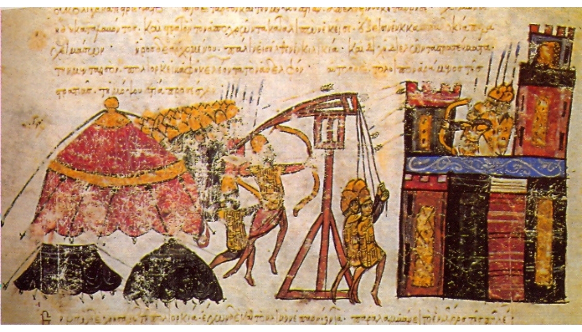 Image from an illuminated manuscript depicting a Byzantine siege of a citadel